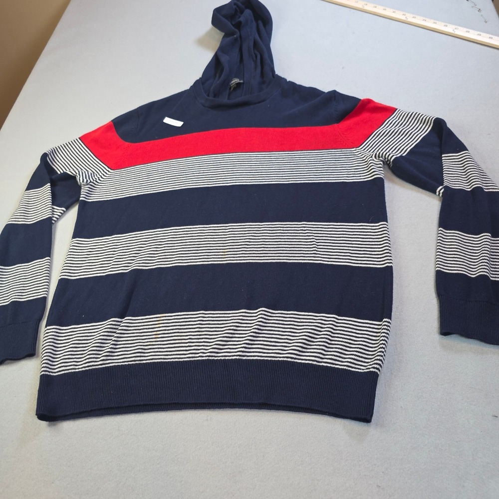Express Mens Navy Blue Red White Striped Hooded Knit Sweater Large